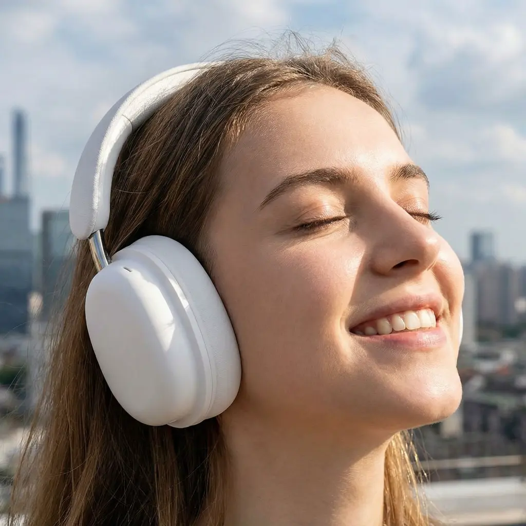 Esempio di foto prodotto AI di una donna che indossa cuffie over-ear all'aperto.