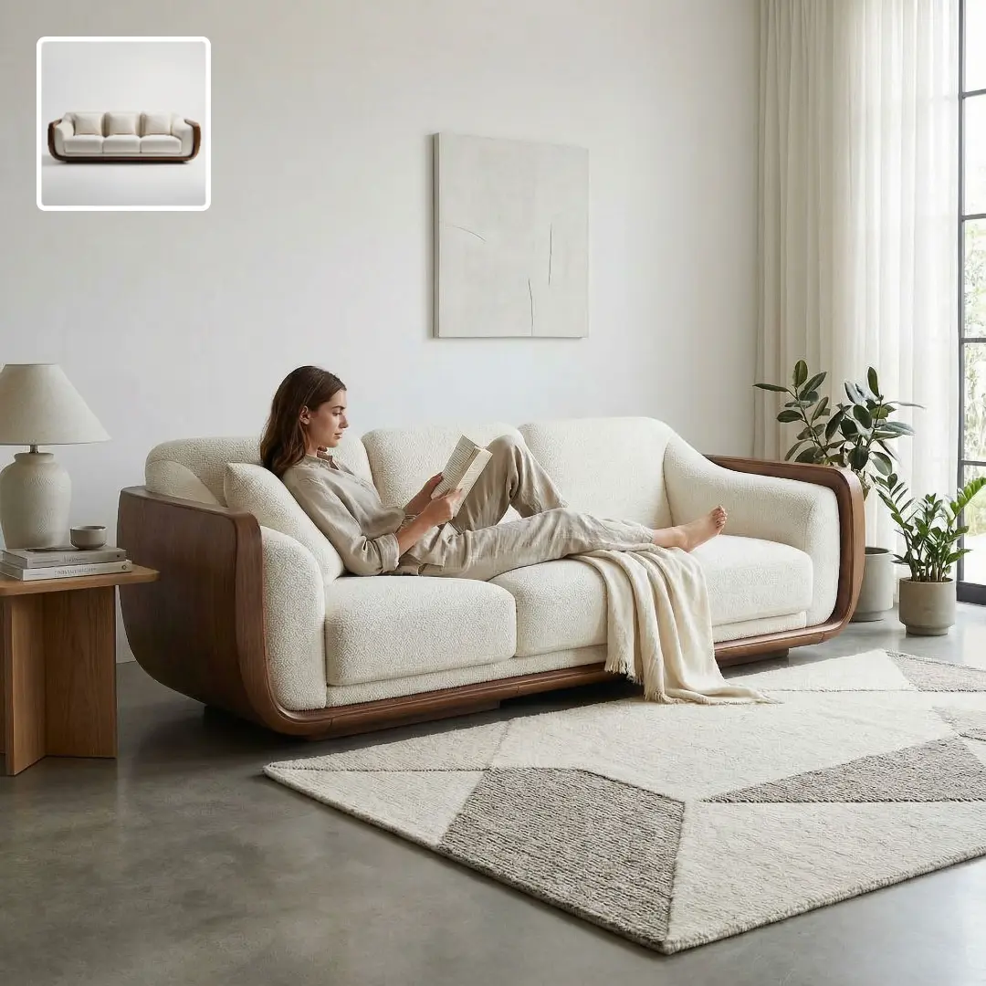 a woman relaxing on a sofa in a modern living room