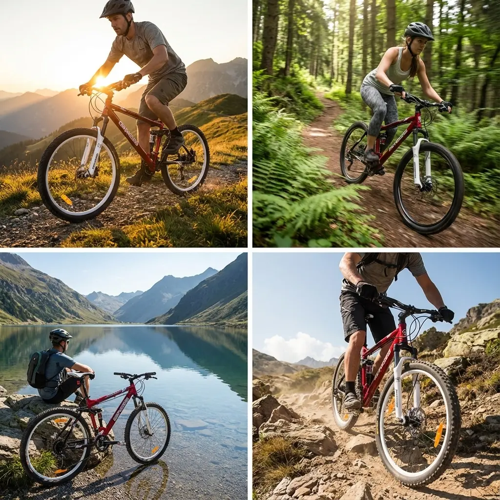 Mountain bike used in various outdoor riding scenes