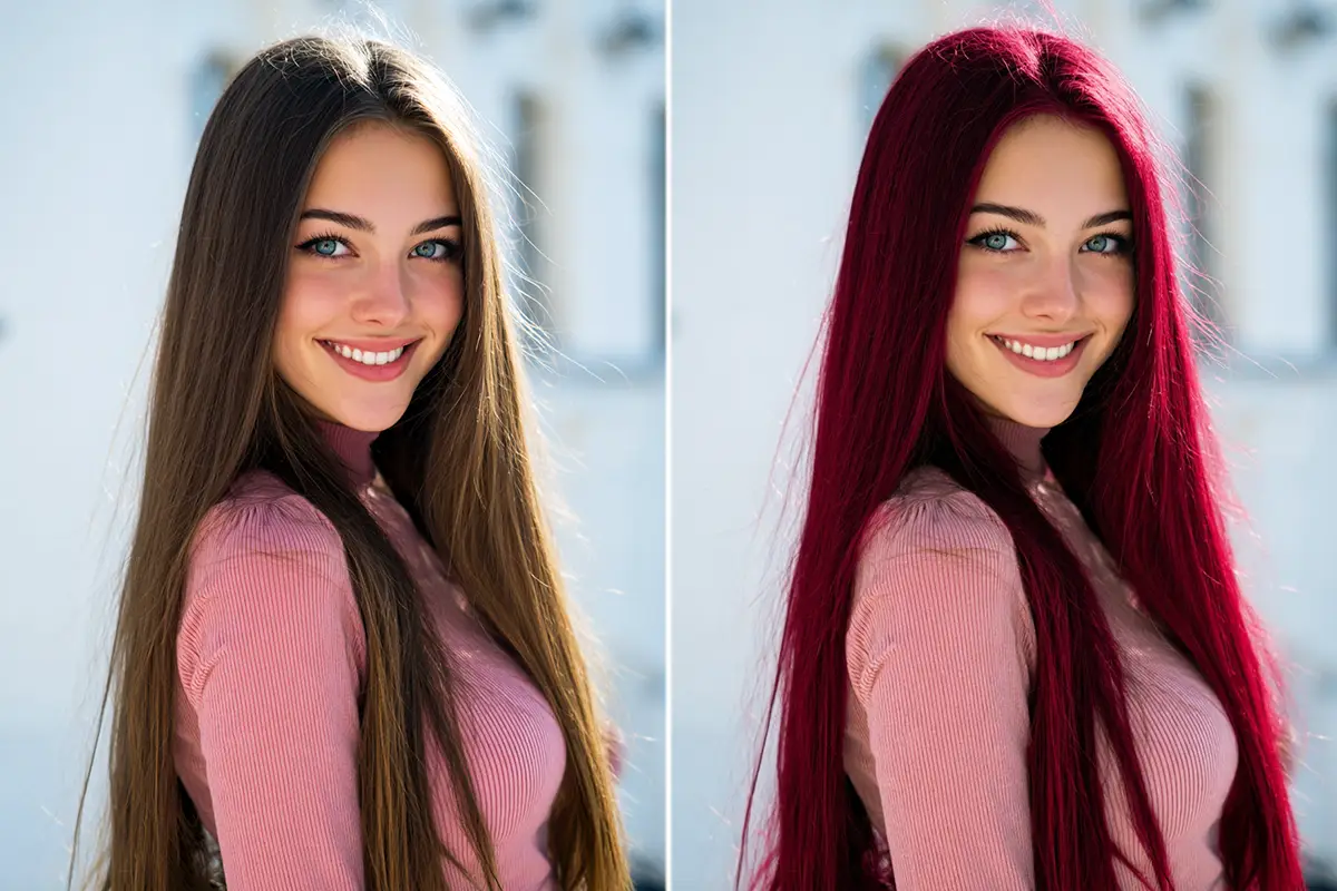 Antes y después de cambiar el color de cabello de castaño a rojo.