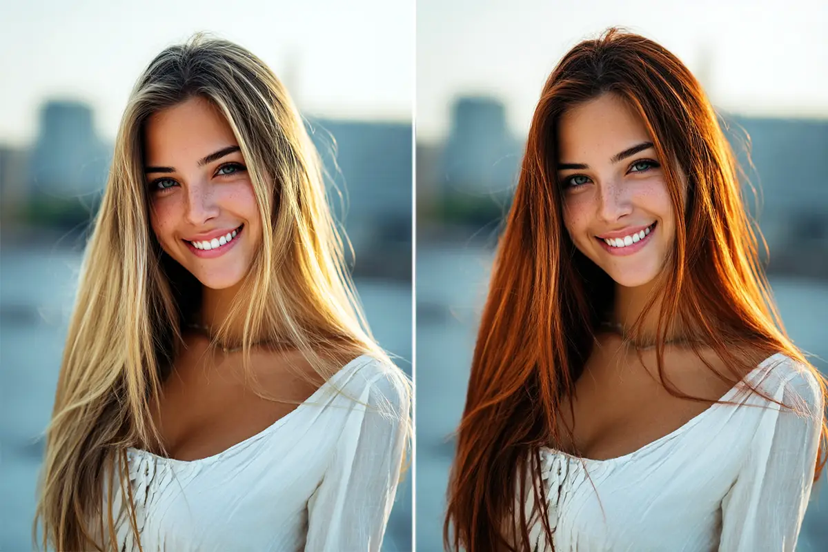 Antes y después de cambiar el color de cabello de rubio a castaño rojizo.