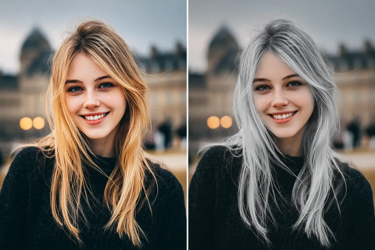 Antes y después de cambiar el color de cabello de rubio a gris.