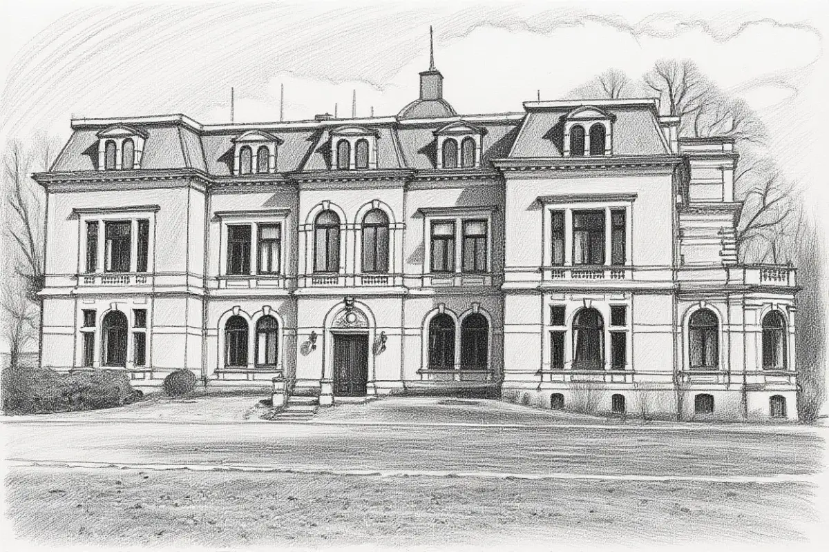 Charcoal sketch of a red brick mansion with arched windows