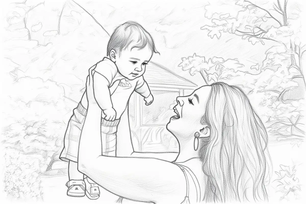 Pencil sketch smiling woman holding baby up outdoors
