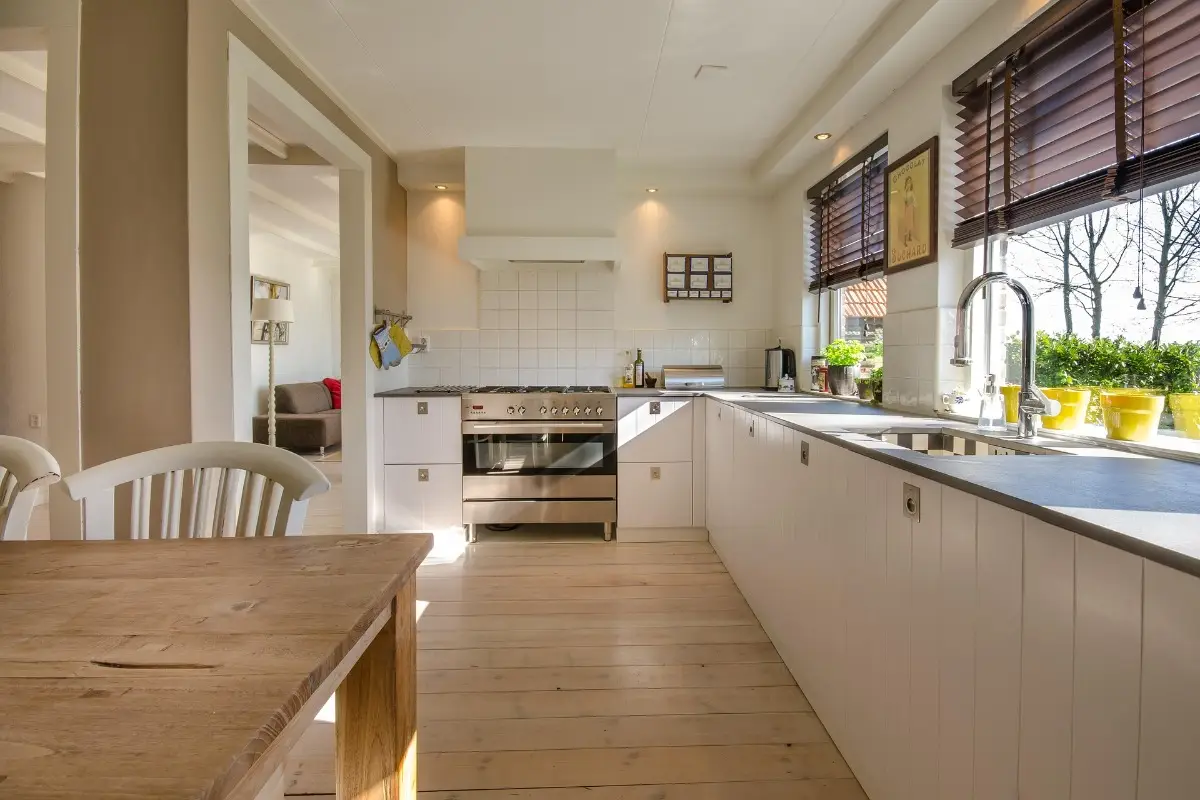 Bright modern kitchen with white cabinets and large windows