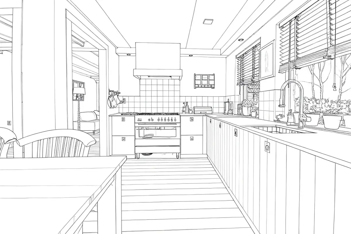 Line art of bright modern kitchen with white cabinets and large windows