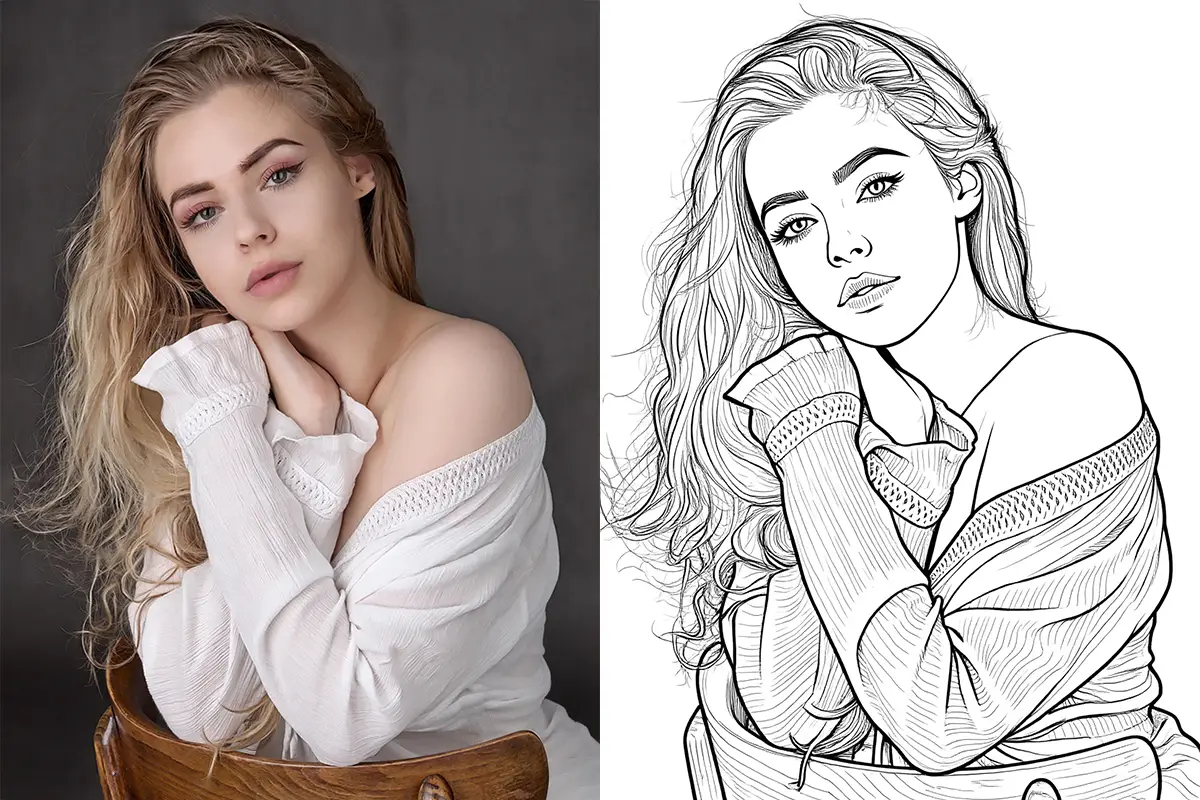Female portrait photo and line art sketch comparison