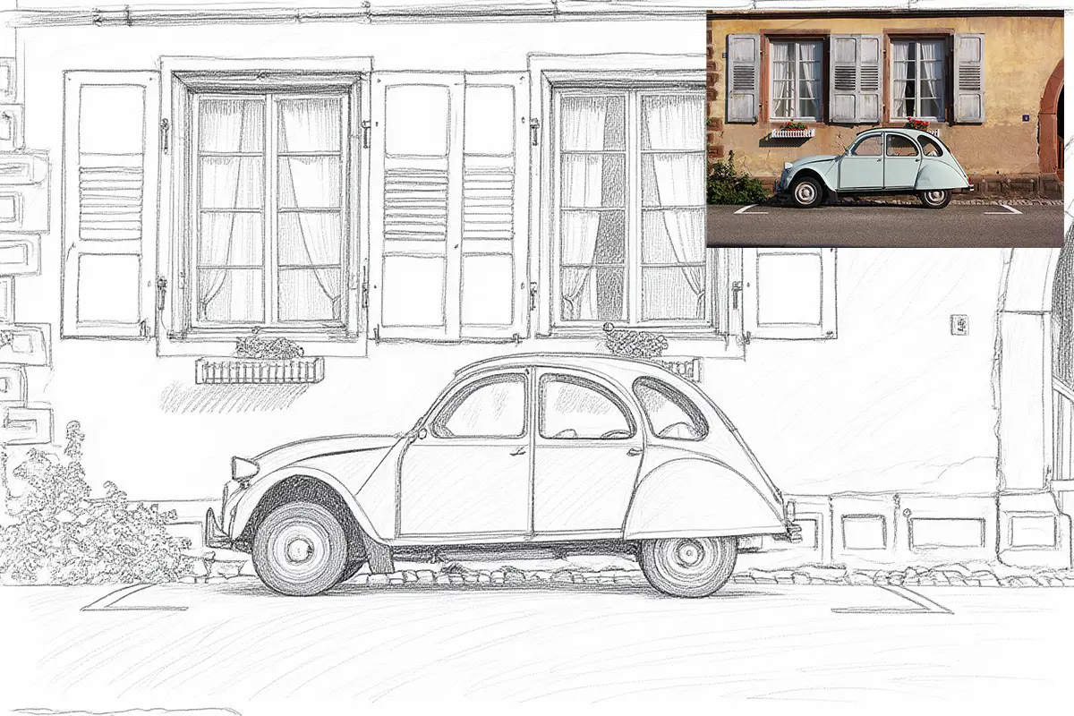 Vintage car photo and pencil sketch comparison