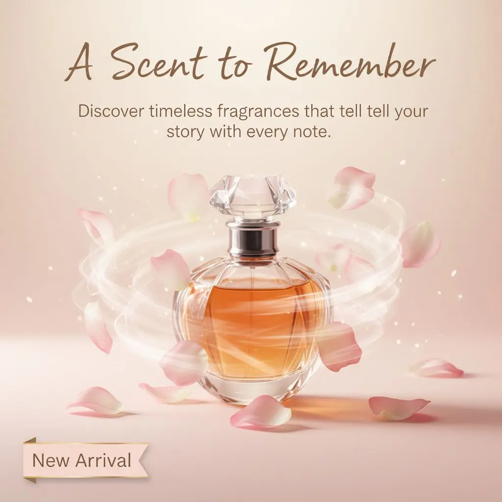 AI Poster Generator example showing a perfume bottle with swirling petals.