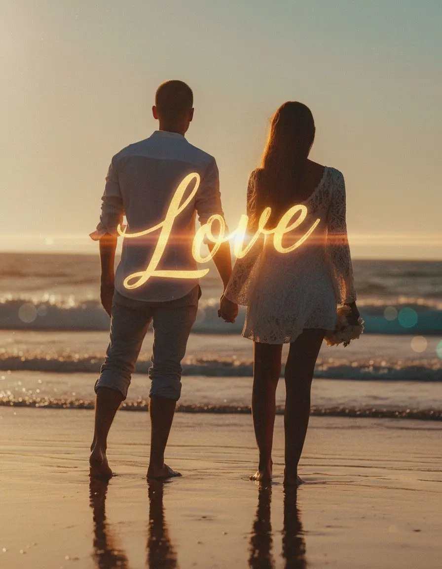 A couple holding hands while walking on the beach at sunset, with glowing ‘Love’ text added in the center of the scene.
