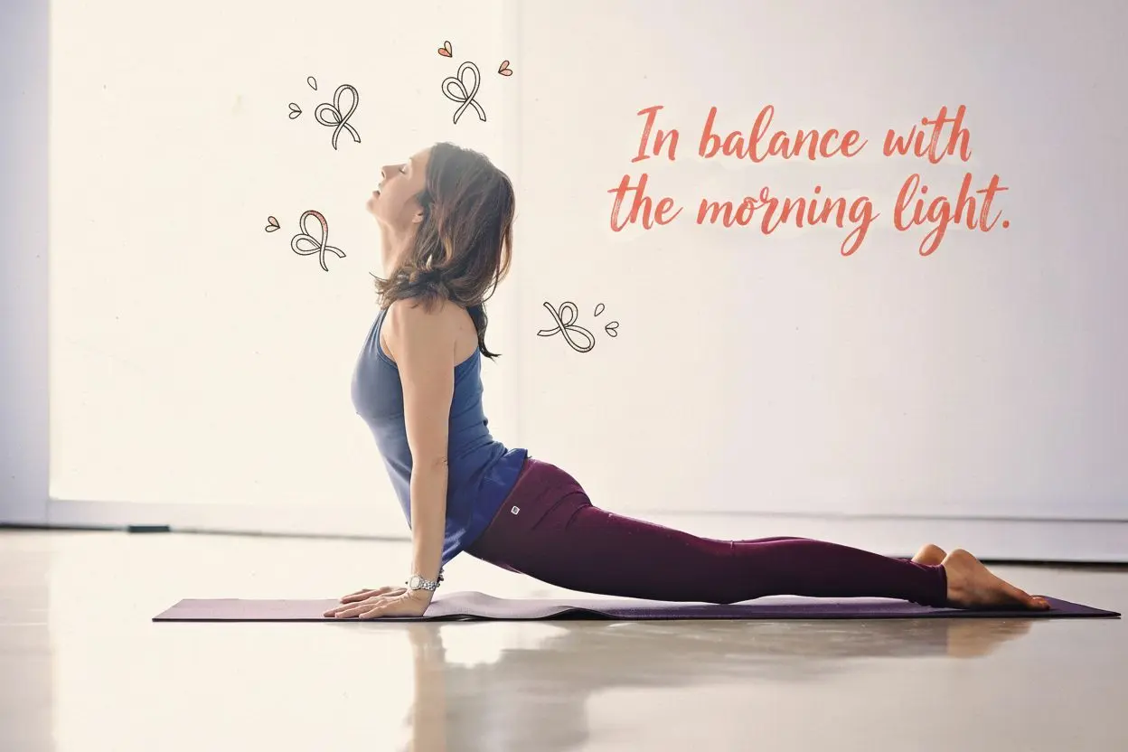 Woman doing a yoga stretch in a bright studio with doodles and the text ‘In balance with the morning light.’