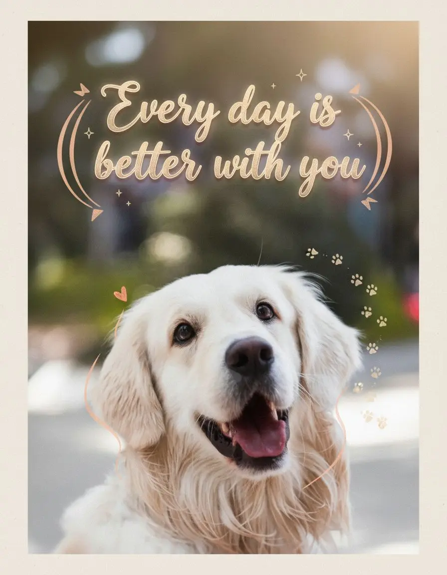 Golden retriever portrait with doodles and the text ‘Every day is better with you.’
