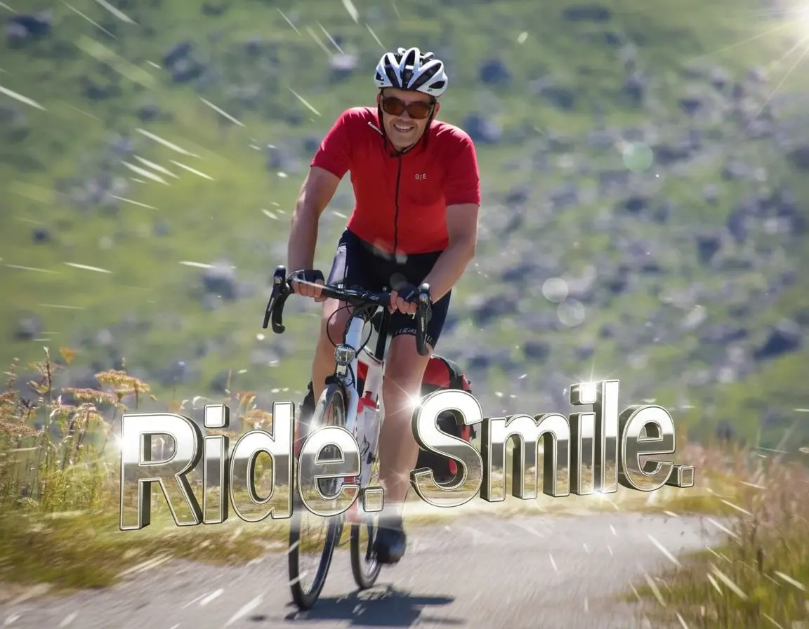 Cyclist riding on a mountain road with dynamic effects and the text ‘Ride. Smile.’
