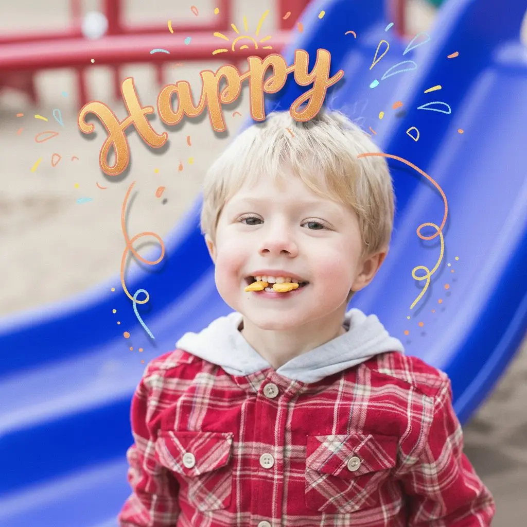 Smiling child at a playground with colorful doodles and the word ‘Happy.’